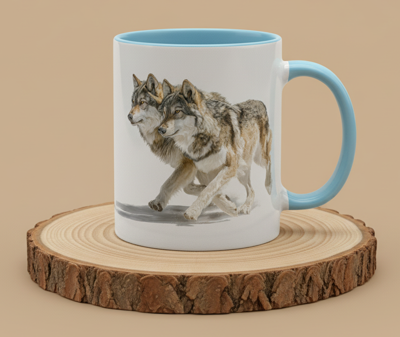 Keramiktasse 2 Wölfe laufend