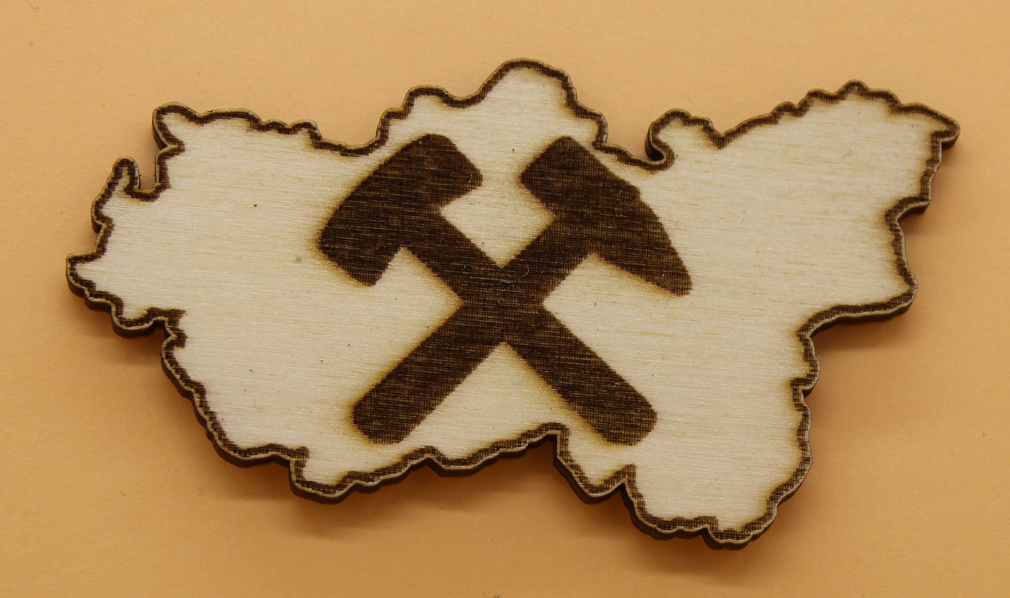 Lasergeschnittener und graviert  Holz Magnetpin Ruhrgebiet Kontur mit Schlägel Eisen Deine Heimat auf einen Blick