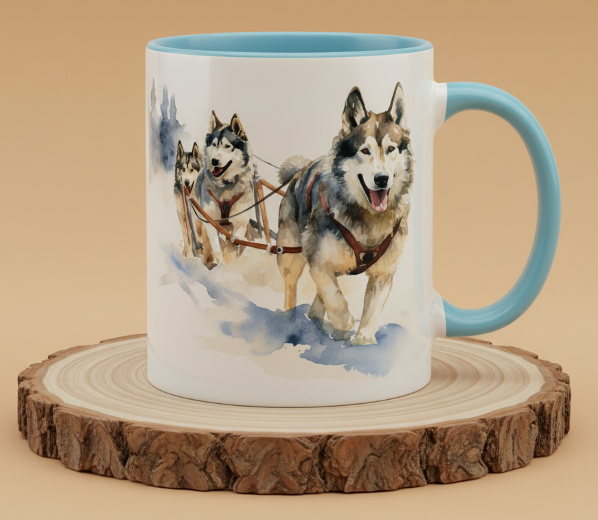 Keraiktasse Schlittenhunde Gespann im Schnee Mushing Mushing