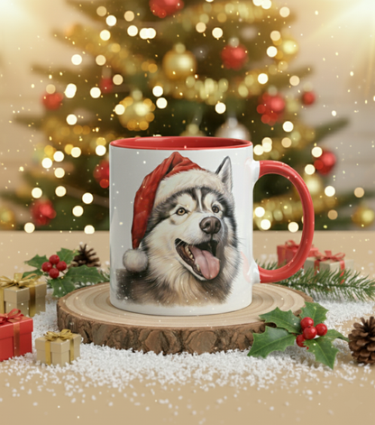 Keramiktasse Weihnachts Husky Kopf mit Mütze